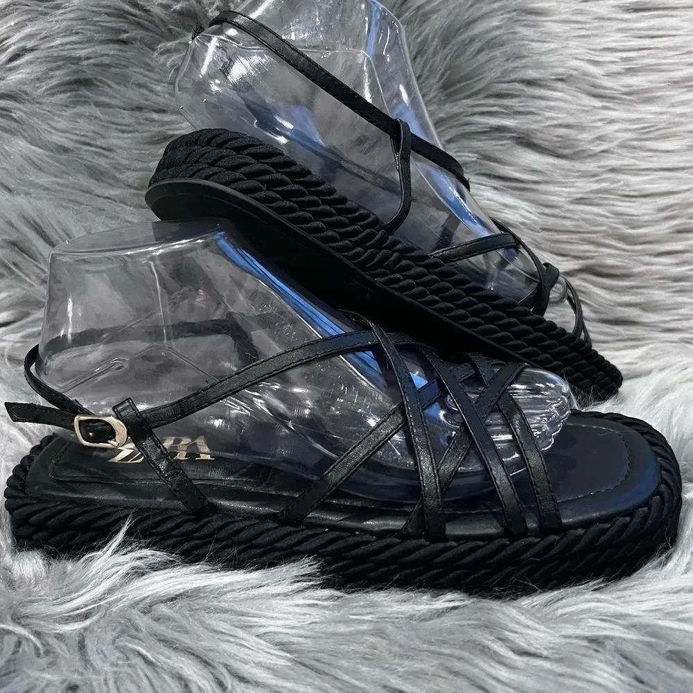 Zara black leather rope platform sandals Size 40 - Picture 5 of 13